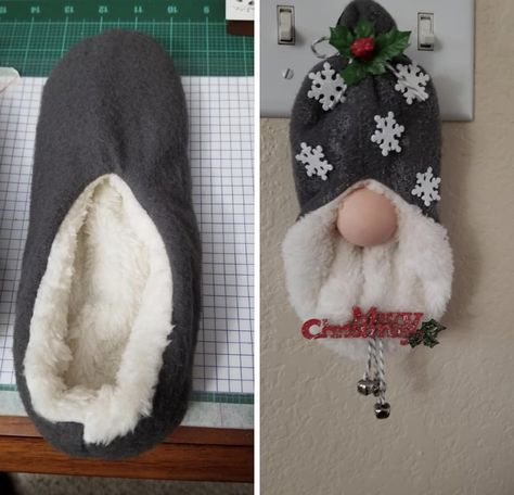 Flip bottom of slipper back and add a ping pong ball for the nose. Dollar Tree Mop Gnome Diy, Slipper Gnomes, Cottagecore Crafts, Gnome Ideas, Gnome Crafts, Crafty Morning, Crafty Decor, Folding Origami, Gnomes Diy