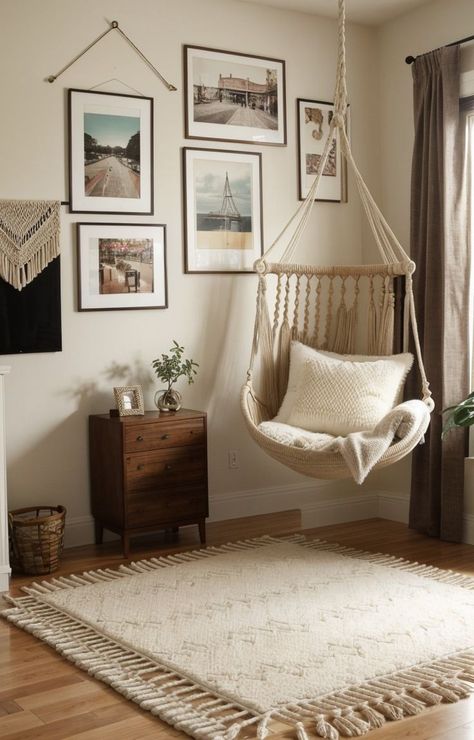 Hanging Chair Aesthetic, Hanging Chair In Bedroom Aesthetic, Hanging Macrame Chair, Macrame Chair, Plush Rugs, Macrame Hanging Chair, Teen Bedroom Ideas, Redecorate Bedroom, Hanging Macrame