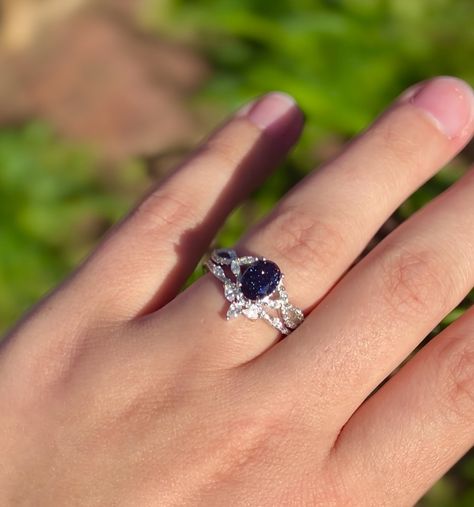 Among the Stars blue sandstone ring set is our starry night ring set in solid 925 sterling silver ✨ a beautiful ring that holds the galaxy itself 🌌❤️ for a love that was written in the stars ✨ #bluesandstone #bluegoldstone #starrynight #nontraditionalengagementring #uniqueengagementring #ringideas #ringinspo #feyrering #velaris #nightcourt Blue Sandstone Ring, Sandstone Ring, Nontraditional Engagement Rings, Blue Sand Stone, Blue Sandstone, Blue Goldstone, Written In The Stars, In The Stars, Beautiful Ring