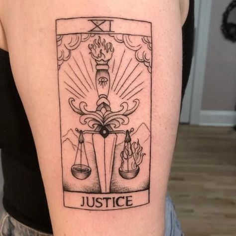 40 Tarot Card Tattoo Ideas To Create Your Own Destiny Karma Tarot Card Tattoo, Justice Tarot Tattoo, Radical Feminist Tattoo, Justice Tarot Card Tattoo, Tarot Card Tattoo Ideas, Card Tattoo Ideas, Justice Tattoo, Justice Tarot, Feminine Rage