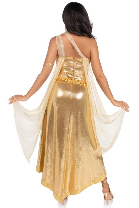 3 Piece Golden Goddess Asymmetrical Shimmer Dress, Draping, Gold Leaf Sash• Fit Guide: See Sizing Tab Above• Care: Hand Wash & Drip Dry• Brand: Leg Avenue• Country of Origin: Imported Golden Goddess Costume, Halloween Couple Outfits, God Costume, Greek God Costume, Goddess Halloween Costume, Goddess Halloween, Dress Draping, Greek Goddess Costume, Warrior Outfit