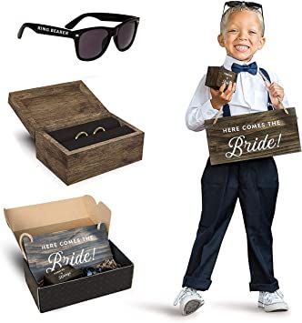 Amazon.com: Ring Bearer Gift Set by Stache & Sons | Box Includes Two-Sided Sign, Ring Bearer Sunglasses, Wedding Ring Box | Ring Bearer Proposal | Ring Bearer Gifts : Home & Kitchen Gifts For Ring Bearer, Ring Security Wedding, Ring Bearer Security, Sunglasses Wedding, Rustic Ring Bearers, Ring Bearer Proposal, Ring Bearer Signs, Ring Bearer Gift, Wedding Sunglasses