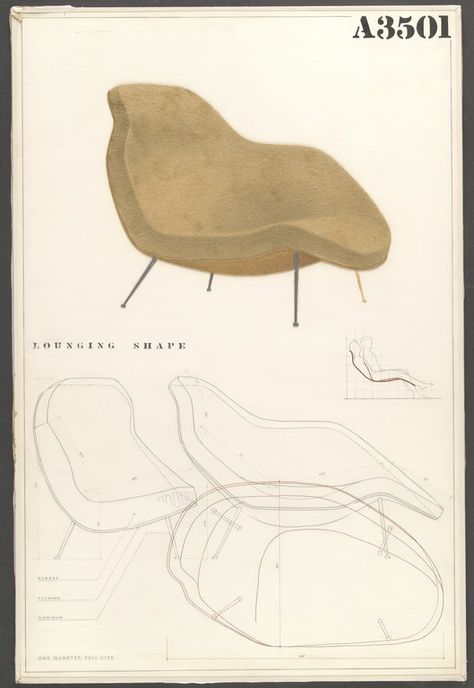 Charles Eames, Eero Saarinen. Lounge Chair (Entry Panel for MoMA Competition for Organic Design in Home Furnishings). 1940 | MoMA Eero Saarinen Architecture, Competition Drawing, Chair Drawing, Charles Ray, Santiago Calatrava, Eero Saarinen, White Poster, Charles & Ray Eames, Charles Eames