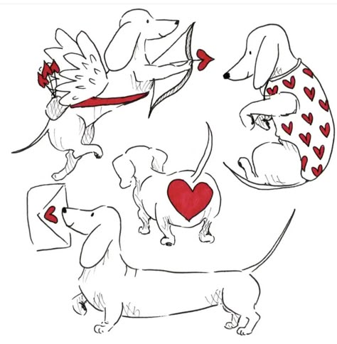 Dachshund Illustration, Dachshund Tattoo, Valentines Watercolor, Color Me Mine, Small Girl Tattoos, Dachshund Art, Redwork Embroidery, Valentines Decor, Weenie Dogs