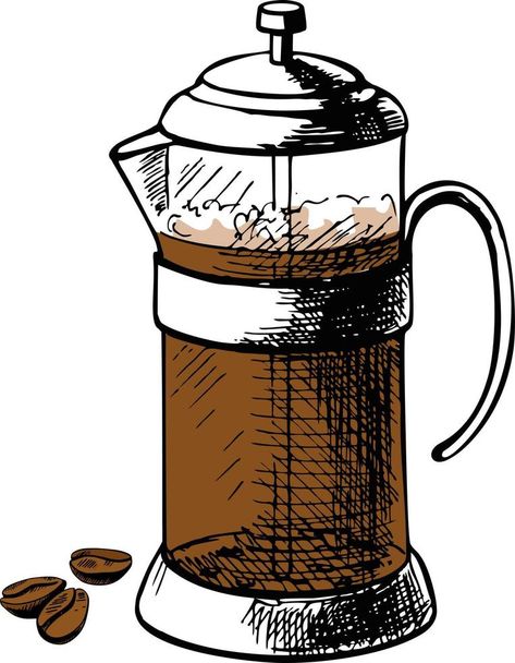 Vector illustration of french press hand drawn with pen and ink. French press coffee French Press Drawing, Drawings Of Coffee, French Press Illustration, Coffee Sign, Coffee Drawing, Coffee Press, French Press Coffee, Sign Ideas, Coffee Branding