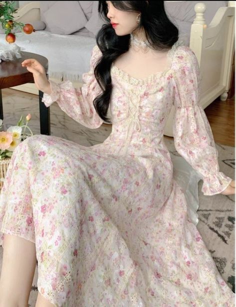 Coquette Long Dresses, Dainty Pajamas, Chic Evening Dress, Girls Long Dresses, Designer Kurti Patterns, Aesthetic Dress, Fairy Dresses, Kawaii Dress, Korean Fashion Dress