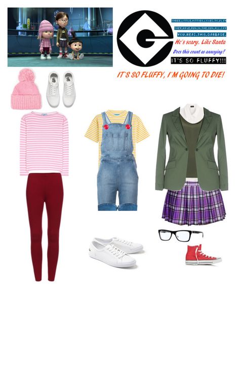 "Despicable Me: Agnes, Edith and Margot" by mariahzinha11 ❤ liked on Polyvore featuring Prada, Vans, Dorothy Perkins, Joseph, VILA, Virna DrÃ², M.i.h Jeans, Ray-Ban, Converse and Frame Agnes Margo Edith Costume, Agnes Despicable Me Costume, Edith Despicable Me, Agnes Costume, Halloween Inspired Outfits, Despicable Me Costume, Agnes Despicable Me, Trio Costumes, Kids Colouring