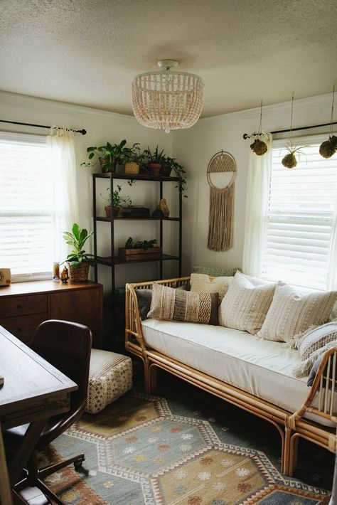 Two Toned Couch, Boho Futon Guest Room, Day Bed Office Combo Green, Office Day Bed Guest Bedrooms, Guest Bedroom With Futon, Small Guest Room With Daybed, Home Office Futon, Boho Bedroom With Daybed, Twin Bed Office Guest Room