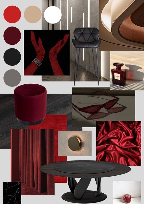 interior collage Interior Collage, Clinic Interior, Mood Board Interior, Clinic Interior Design, Red Color Schemes, Wild Cherry, Interior Design Concepts, Concept Board, Interior Design Mood Board