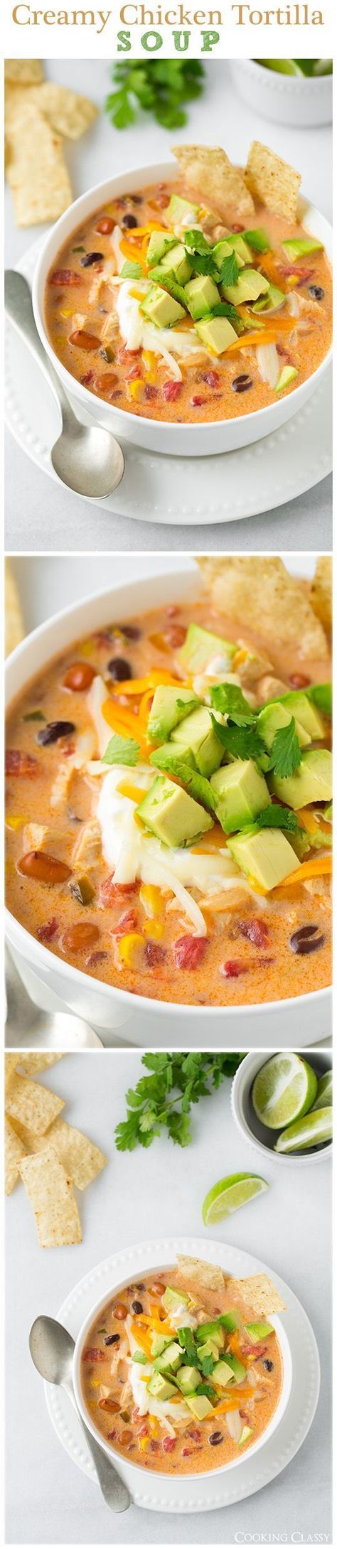 Creamy Chicken Tortilla Soup - this soup is seriously delicious!! Hearty and comforting also GF. Gf Soups, Creamy Chicken Tortilla Soup, Delicious Soups, Soup Kitchen, Savory Soups, Chicken Tortilla Soup, Soups Stews, Chicken Tortilla, Soup Season