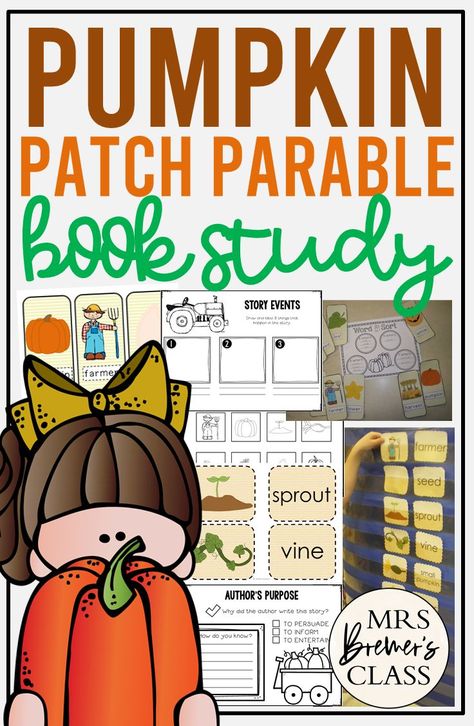 Pumpkin Patch Parable book study literacy unit with Common Core aligned companion activities for Kindergarten and First Grade Book Study Activities, Popular Picture Books, Kindergarten Reading Activities, Activities For Kindergarten, Kindergarten Books, Authors Purpose, Literacy Lessons, Read Aloud Books, Kindergarten Fun