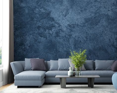 MioWallpaperDecor - Etsy Canada Navy Blue Wallpaper Living Room, Blue Wallpaper Feature Wall Living Room, Living Room Texture Paint, Textured Walls Living Room Interior Design, Mancave Wallpaper Ideas, Navy Limewash Walls, Navy Living Room Wallpaper, Blue Wallpaper Interior Design, Indigo Accent Wall