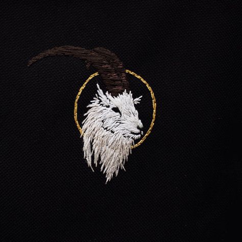 8 hour feral goat study. Inspiration for less-domestic goats from some old book pages @billsafi sent me some time ago.  Did this on my backpack, and already miss the familiarity of natural linen. Hand embroidery on black polyester, I guess.  #embroidery #whitephillip #goat Crucible Aesthetic, Embroidery On Linen, Embroidery On Black, My Backpack, Arte Peculiar, Old Book Pages, Hand Embroidery Art, Old Book, Study Inspiration