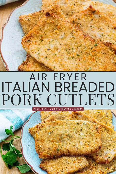 These Air Fryer Pork Cutlets have a nice crispy crust made with a mixture of panko breadcrumbs and Italian breadcrumbs and are seasoned with garlic, onion, salt and black pepper. This recipe is low in fat and calories because it’s made with little oil. Plus, it goes with many side dishes and is ready in just 30 minutes. Air Fryer Pork Cutlets, Pork Cutlets In Air Fryer, Breaded Pork Cutlets, Pork Scallopini, Easy Italian Dinner, Pork Cutlet Recipes, Recipes Using Pork, Pork Bites, Air Fryer Pork