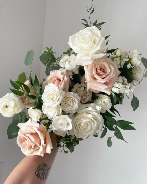 Heads up! We’ll be closed tomorrow for a wedding set-up at @lebelvedereweddings in Wakefield. We’ll be open regular hours on Saturday. In the meantime, enjoy this beautiful bouquet we designed for Alyssa. Quicksand, Playa Blanca roses, spray roses, white stock and ranunculus. Peony And Rose Bouquet, Quicksand Rose, Blush Rose Bouquet, Internally Screaming, Green Wedding Flowers, Roses White, Wedding Set Up, Ceremony Ideas, Spray Roses