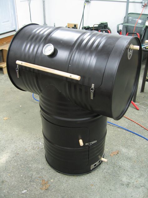 final assembly | See the full build log here. | Joel Miller | Flickr 55 Gallon Drum Smoker, Smoker Designs, Drum Smoker, Diy Drums, 55 Gallon Drum, 55 Gallon, Bbq Pit, Metal Projects, Welding Projects