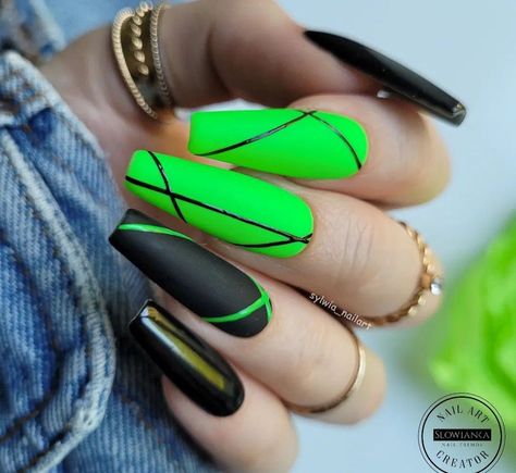 Neon Pink Green And Black Nails, Matte Neon Green Nails, Lime Green Nails With Black, Black N Green Nails, Bright Green And Black Nails, Black Neon Nail Designs, Black And Green Nails Coffin, Purple And Green Nail Art, Black And Lime Green Nails Acrylic