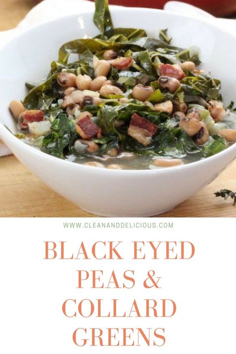 This bowlful of Black Eyed Peas & Collard Greens is a healthy twist on a southern classic.  If you need something nourishing after the holiday season, this is it! Made with bacon, it adds a slow cooked flavor to the soup, while the greens and the beans provide the benefits of nutrients and energy you need to start the year out on the right foot. #bacon #blackeyedpeas #collardgreens #newyears Black Eyed Peas Collard Greens, Southern Black Eyed Peas, Healthy Winter Recipes, Healthy Winter Meals, Collard Greens Recipe, Vegetarian Barbecue, Yummy Veggies, Clean And Delicious, Balancing Hormones