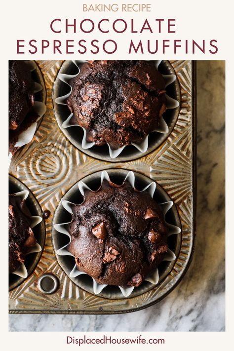 I made us Chocolate Espresso Muffins loaded with heaps of chocolate chips + espresso and call it breakfast on-the-go! The espresso comes in the form of fresh-brewed espresso + finely ground espresso...in a pinch you could use some strong-brewed coffee in its place. These are moist, loaded with flavor and SO DELICIOUS with your morning coffee. Enjoy! xx Espresso Muffins, Chocolate Espresso Cake, Muffin Streusel, Chocolate Espresso, Breakfast On The Go, Food Test, Breakfast Treats, Dark Chocolate Chips, Unsweetened Cocoa