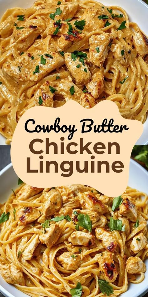 🧈🍗 Creamy Cowboy Butter Chicken Linguine is comfort food at its finest! Imagine tender chicken tossed in rich, buttery sauce over a bed of linguine – pure deliciousness. This easy pasta recipe is perfect for cozy nights and special occasions alike. Serve with garlic bread for the ultimate meal! 😋 #CowboyButterChicken #CreamyPasta #ComfortFood #EasyPastaRecipes #ChickenDinner #CozyMeals #DinnerIdeas #WeekendDinners #PastaLove 🍝🍷 Cowboy Butter Sauce, Chicken Linguine, Cowboy Butter, Pasta And Chicken, Easy Pasta Recipe, Linguine Recipes, A Balanced Meal, Weekend Dinner, Pasta Night