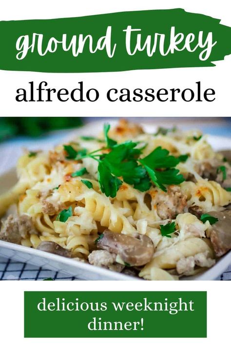 This 35 minute Ground Turkey Alfredo Casserole is an easy and delicious weeknight meal with ground turkey, pasta, mushrooms, mozzarella, and Alfredo sauce! This healthier meal uses pantry ingredients and it's so comforting and delicious, it will quickly become a family favorite. This is also a great casserole to take to pot lucks or a neighbor in need! #groundturkeyrecipes #groundturkeycasserole #pastadinnerrecipes #dizzybusyandhungry Ground Turkey And Alfredo Sauce Recipes, Ground Turkey Mushroom Recipes, Ground Turkey Pasta White Sauce, Ground Turkey Recipes For Dinner Casseroles, Turkey Alfredo Pasta, Ground Turkey Pasta Bake, Ground Turkey Alfredo Recipes, Ground Turkey Alfredo, Ground Turkey Creamy Pasta