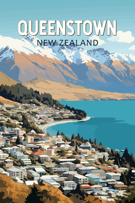 Retro-style illustration of Queenstown, New Zealand, featuring the town with a backdrop of snow-capped mountains and serene blue lake under a bright blue sky. New Zealand Travel Poster, New Zealand Aesthetic, New Zealand Queenstown, New Zealand Poster, Queenstown Nz, Retro Style Posters, New Zealand Landscape, Queenstown New Zealand, New Zealand Art