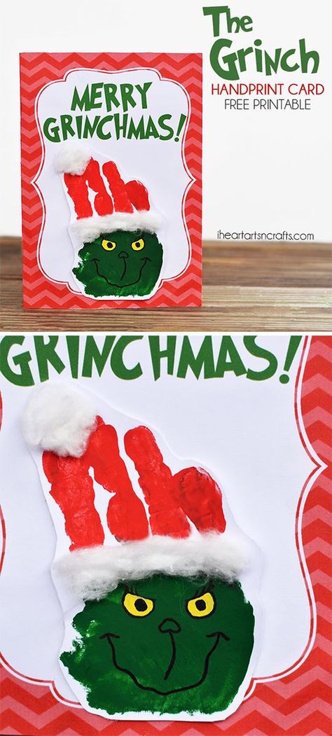 The Grinch Handprint Christmas Card With Printable The Grinch Handprint, Grinchmas Crafts, Grinch Crafts For Toddlers, Grinch Christmas Crafts, Grinch Handprint, Grinch Night, Christmas Handprint, Grinch Crafts, Grinch Christmas Party