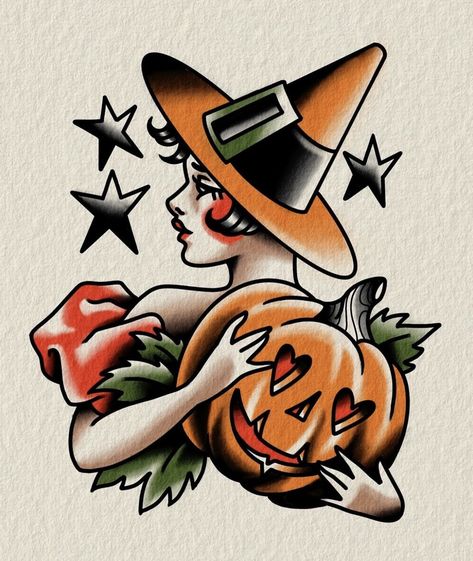 American Traditional Jack O Lantern Tattoo, American Traditional Witchy Tattoos, Witch Tattoo Traditional, Halloween Pin Up Tattoo, Traditional Witch Tattoo, Vintage Halloween Tattoos, Witch Hat Tattoo, Traditional Halloween Tattoo, Spicy Tattoo