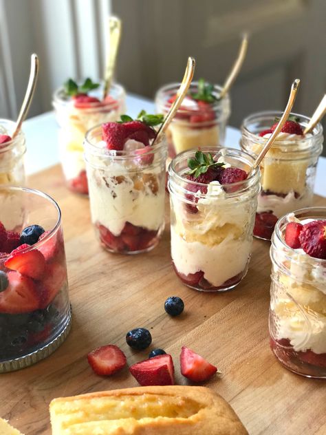 Summer Strawberry Trifles with Lemon Marscapone Cream — Gathered Living Summertime Desserts For A Crowd, Beach Dessert Ideas, Lemon Marscapone, Marscapone Cream, Summer Dessert Ideas, Jar Desserts, Best Summer Desserts, Moist Pound Cake, Strawberry Trifle