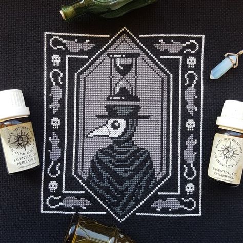 Irreverent Embroidery, The Plague Doctor, Doctor Party, Halloween Cross Stitch Charts, Cross Stitch Quotes, Halloween Cross Stitch Patterns, The Plague, Halloween Cross Stitches, Halloween Embroidery