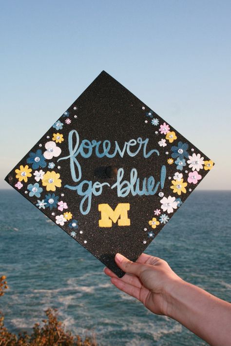 Diy Graduation Hat Decorations, High School Graduation Cap, Grad Hat, Cap Ideas, Graduation Cap Decoration, Cap Decorations, Graduation Diy, Go Blue, Grad Cap