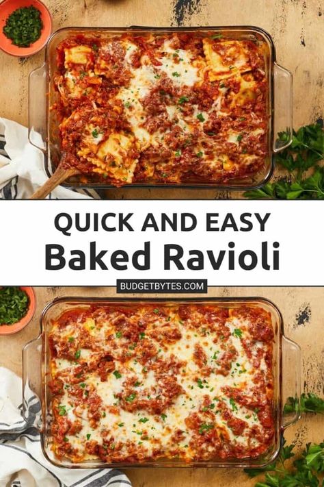 Easy Baked Ravioli, Easy Last Minute Dinner, Baked Ravioli Recipe, Easy Ravioli, Ravioli Casserole, Baked Ravioli, Homemade Meat Sauce, Lazy Lasagna, Ravioli Bake