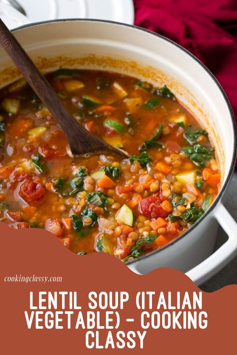 image Recipe: BEST lentil soup! Packed with fresh veggies, Italian flavors and plenty of protein-rich lentils. A filling soup perfect for serving any day of the year! Best Lentil Soup, Soup Italian, Italian Vegetables, Cooking Classy, Olive Garden, Lentil Soup, Fresh Veggies, Family Friendly Meals, Vegan Dinners