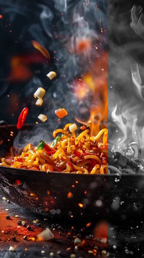 Full Color Image in ai-img-gen.com 🔸 stir fried noodle photography, close of an iron wok tossing noodle and diced onion, diced pepper in ... 🔸 From Midjourney AI Image Noodle Photography, Noodles Vegetables, Fried Noodle, Asian Stir Fry, Stir Fry Noodles, Wallpaper Girly, Iphone Wallpaper Girly, Dark Background, Stir Fry