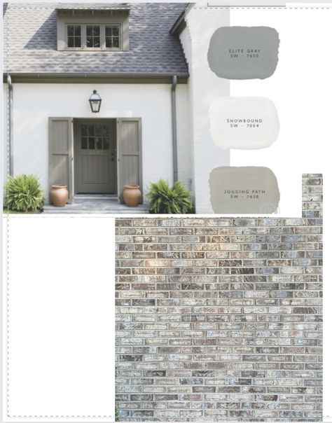 Grey Brick House Exterior Color Palettes, Neutral Exterior House Colors With Brick, Greige Brick House Exterior, Light Gray Painted Brick House Exterior, Exterior House Material Options, Greige Painted Brick House, Grey Stone House Exterior, Grey Brick House Exterior, Nube Gray Limewash Brick Exterior