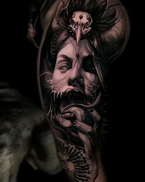 Scary Realism Tattoo, Dark Horror Tattoo, Horror Realism Tattoo, Dark Realism Tattoo Design, Dark Tattoo Sleeve, Realism Sleeve Tattoo, Dark Realism Tattoo, Dark Art Tattoo Ideas, Demonic Tattoos