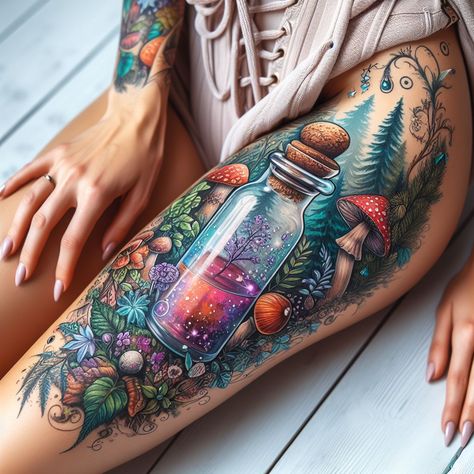 Magic Potion Tattoos: Brew Up Your Dream Ink with These Ideas | Pocoko Magical Tree Tattoo, Magical Sleeve Tattoo, Fairy Scene Tattoo, Fairy Tattoo Thigh, Mystical Forest Tattoo, Apothecary Tattoo Ideas, Enchanted Tattoo Ideas, Whomping Willow Tattoo, Magic Potion Tattoo