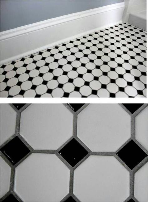 Black and white Octagon tiles with gray grout Black Bathroom Floor, Drømme Bad, Octagon Tile, White Hexagon Tiles, Black And White Tile, Bathroom Floor Tile, Trendy Bathroom Tiles, Black And White Bathroom, Black Floor Tiles