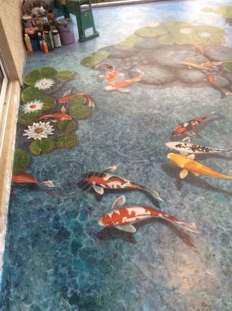 Art and design by Louise Moorman. Floor painting. Trompe l'oeil koi fish pond. Sea Kitchen, 3d Floor Art, 3d Floor Painting, Flooring Epoxy, Sticker Images, 3d Flooring, Photo Sea, Koi Painting, 3d Epoxy