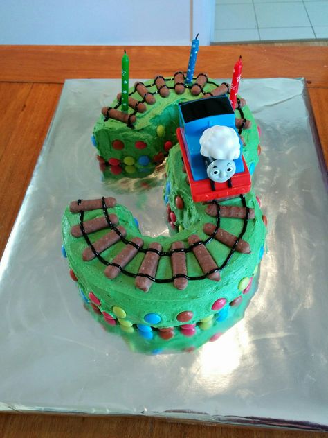 Thomas the tank engine number 3 cake Number 3 Train Cake, Thomas Tank Engine Party, Thomas Tank Engine Cake, Thomas The Tank Cake, Thomas The Tank Engine Party, Number 3 Cake, Number 3 Cakes, Thomas Birthday Cakes, Thomas The Tank Engine Cake