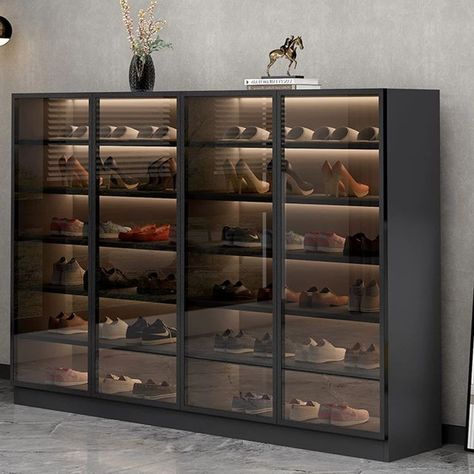 Shoe Rack Glass, Shoe Storage Wardrobe, Shoe Rack Cabinet Design, Shoe Storage Cabinet With Doors, Shoe Storage Design, Shoe Rack Ideas, Shoe Cabinet Design, Modern Shoe Rack, Shoe Cabinet Entryway