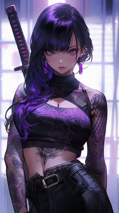 Image Female Yakuza Character Design, Mafia Lady, Cold Pfp, Mafia Woman, Fantasy Knight, Girl With Purple Hair, Yakuza Anime, Cyberpunk Girl, Anime Stories