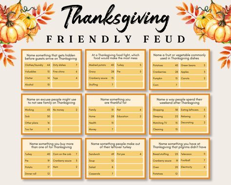 Thanksgiving Family Feud Trivia Game! Fun Thanksgiving trivia feud quiz game! This printable Thanksgiving party game is great for kids and adults and keeps guests entertained at Thanksgiving dinner, Thanksgiving family game night, Thanksgiving classroom activities, and more! ⭐ Includes: - Thanksgiving Friendly Feud - 16 friendly feud cards - 4 page PDF format 💭 How to Use: 1. Instant download after purchasing 2. Print files out at home or professionally print 3. Have fun! ✨ Get the whole bundle! ✨ https://paperjamprintable.etsy.com/listing/1550470964/thanksgiving-party-games-bundle?utm_source=Copy&utm_medium=ListingManager&utm_campaign=Share&utm_term=so.lmsm&share_time=1694500217226 💬 Where's my file? Within minutes of your order and payment, an e-mail will be sent to the address you hav Family Feud Thanksgiving Questions And Answers, Thanksgiving Family Fued Free, Thanksgiving Family Fued Questions, Thanksgiving Family Feud Free, Thanksgiving Trivia Printable, Thanksgiving Family Feud Questions, Thanksgiving Activities For Adults, Friendsgiving Games For Adults, Christmas Dinner Family