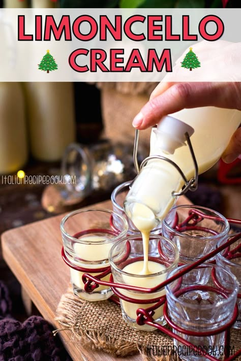 Limoncello Cream is a creamy, dessert-like version of classic Limoncello Liqueur. It has intense lemon flavor but much more mellow. It's thick and creamy so you can even eat it with a spoon! Try it once and you'll be making it every year. Limoncello Cream makes a unique homemade holiday gift too! Lemon Liqueur Recipe, Diy Limoncello Recipe, Limoncello Cream Recipe, Creamy Limoncello Recipe, Cream Limoncello Recipe, Lemoncello Recipes Drinks, Lemoncello Recipes, Limoncello Glasses, Creamy Limoncello