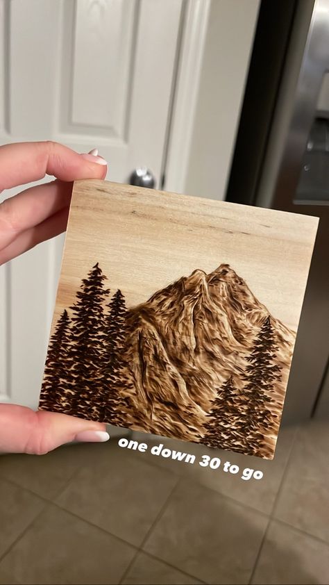 Burning Mountain, Carved Signs, Carved Wood Signs, Carpentry Projects, Wood Burning Art, Mountain Scene, Patterns Ideas, Pyrography, Cabin Decor