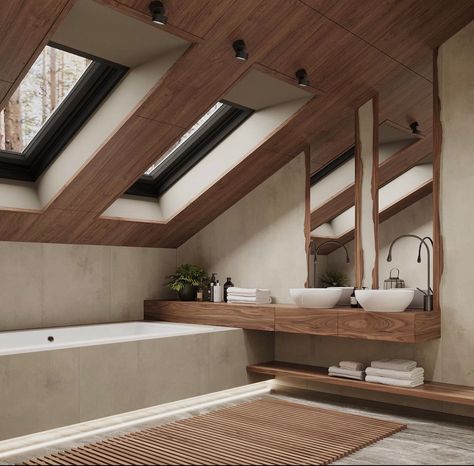 Bathroom Pitched Roof, Loft Bathroom Ideas Sloped Ceiling, Bathroom Sloped Ceiling, House Schemes, Slanted Ceiling Bathroom, Green Bathroom Ideas, Bathroom Design Styles, Loft Bathroom, Sauna Design