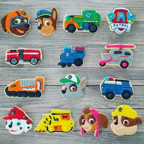 Paw Patrol Characters with their Vehicles - Chase, Marshall, Skye, Zuma, Rubble & Rocky #cookies #royalicing #decoratedcookies Paw Patrol Dogs, Train Cookies, Paw Patrol Characters, Paw Patrol Birthday, Birthday Boy, Paw Patrol, 3rd Birthday, Cookie Decorating, Boy Birthday