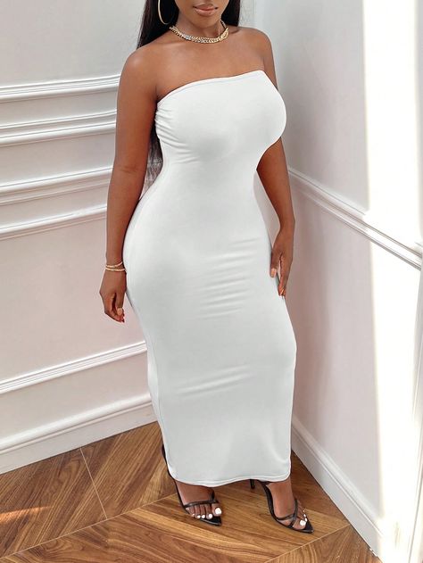 SHEIN SXY Solid Tube Bodycon Dress White Dress Black Heels, Bodycon Dress Outfit Classy, White Bodycon Dress Outfit, White Tube Dress, Vestido Strapless, Vestidos Maxi, Body Con Dress Outfit, White Tube, White Bodycon Dress