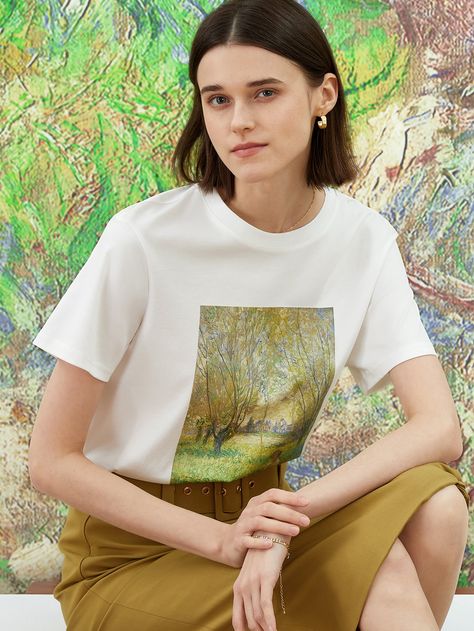 White Casual  Short Sleeve Cotton Figure,Graphic  Embellished Slight Stretch Summer Women Tops, Blouses & Tee Monet Inspired, Diy Room Decor For Teens, Women T Shirts, Sporty Chic, White Casual, Women Tops, Sleeve Cotton, Summer Women, Casual Shorts