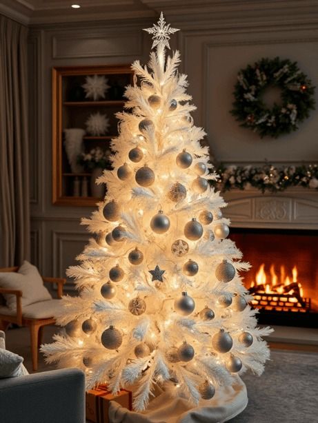 20 Stunning White Christmas Tree Ideas White Tree With Gold And Silver, White Tree With Silver Ornaments, Fake White Christmas Tree, Wedding Dress Christmas Tree Skirt, Rustic White Christmas Tree, Decorating White Christmas Trees, How To Decorate A White Christmas Tree, Decorating A White Christmas Tree, White Vintage Christmas Tree